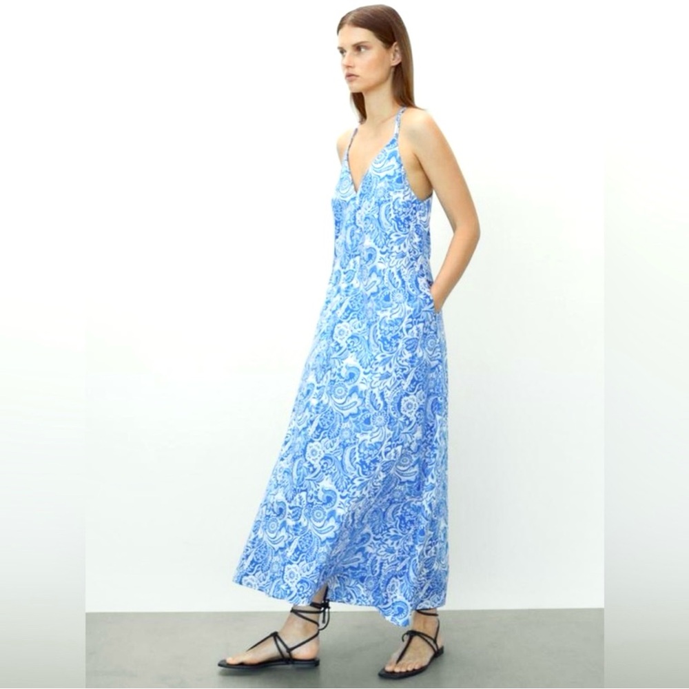 Massimo Dutti long 100 cotton paisley dress electric blue